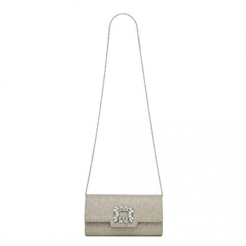 CLM2461 - Miss Lulu Glitter Evening Clutch with Crystal Embellishment & Detachable Chain Strap - Elegant Crossbody or Handheld Bag - Gold