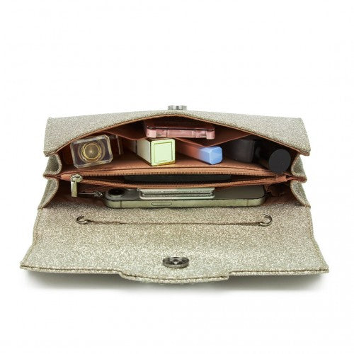 CLM2461 - Miss Lulu Glitter Evening Clutch with Crystal Embellishment & Detachable Chain Strap - Elegant Crossbody or Handheld Bag - Gold