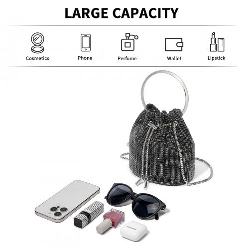CLS2510 - Women's Rhinestone Evening Bag – Sparkly Handbag with Metal Ring Handle and Chain Crossbody Strap - Black | Neil's Luggage Store