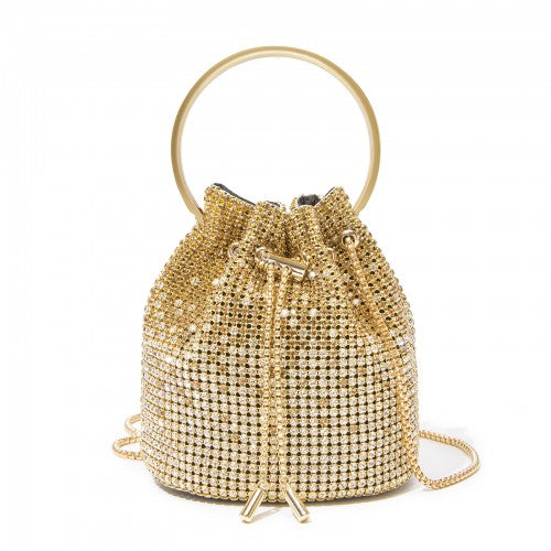 CLS2510 - Women's Rhinestone Evening Bag – Sparkly Handbag with Metal Ring Handle and Chain Crossbody Strap - Gold | Neil's Luggage Store
