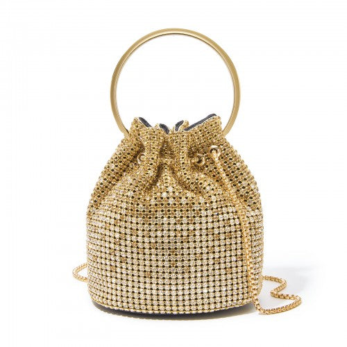 CLS2510 - Women's Rhinestone Evening Bag – Sparkly Handbag with Metal Ring Handle and Chain Crossbody Strap - Gold | Neil's Luggage Store
