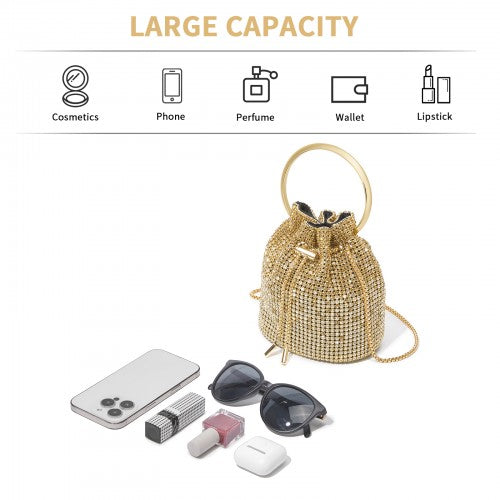 CLS2510 - Women's Rhinestone Evening Bag – Sparkly Handbag with Metal Ring Handle and Chain Crossbody Strap - Gold | Neil's Luggage Store
