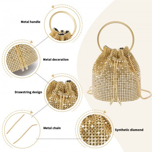 CLS2510 - Women's Rhinestone Evening Bag – Sparkly Handbag with Metal Ring Handle and Chain Crossbody Strap - Gold | Neil's Luggage Store