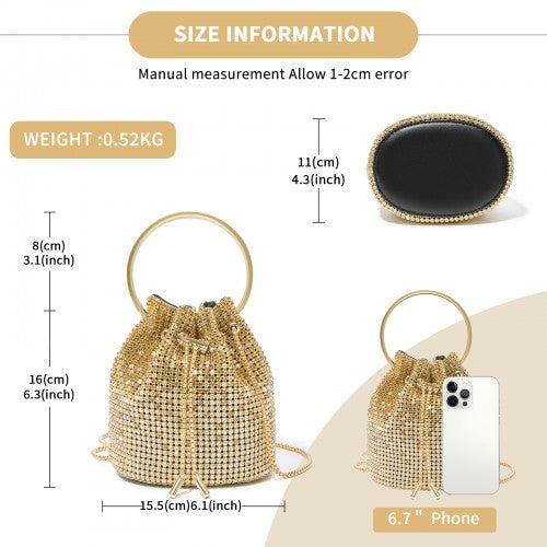CLS2510 - Women's Rhinestone Evening Bag – Sparkly Handbag with Metal Ring Handle and Chain Crossbody Strap - Gold | Neil's Luggage Store