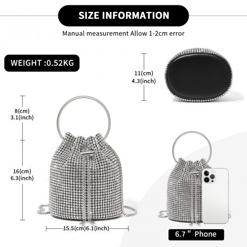 CLS2510 - Women's Rhinestone Evening Bag – Sparkly Handbag with Metal Ring Handle and Chain Crossbody Strap - Silver | Neil's Luggage Store