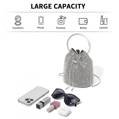 CLS2510 - Women's Rhinestone Evening Bag – Sparkly Handbag with Metal Ring Handle and Chain Crossbody Strap - Silver | Neil's Luggage Store