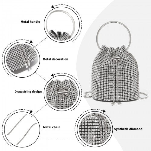 CLS2510 - Women's Rhinestone Evening Bag – Sparkly Handbag with Metal Ring Handle and Chain Crossbody Strap - Silver | Neil's Luggage Store