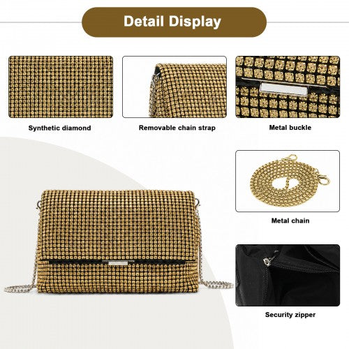 CLS2625 - Rhinestone Clutch Bag, Detachable Metal Chain Evening Bag, Synthetic Diamond Crossbody Shoulder Handbag for Wedding Party Prom - Gold | Neil's Luggage Store