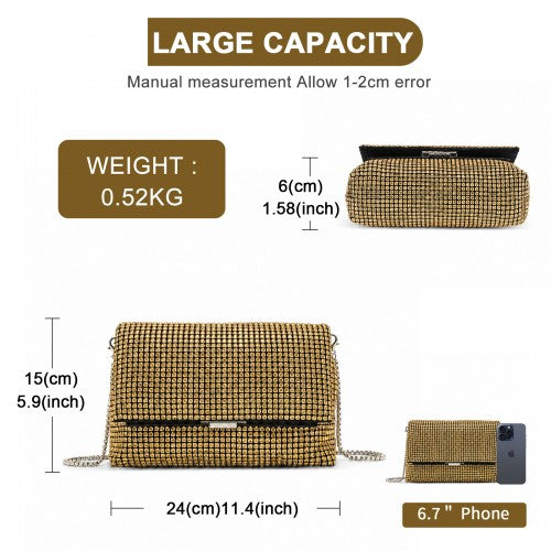 CLS2625 - Rhinestone Clutch Bag, Detachable Metal Chain Evening Bag, Synthetic Diamond Crossbody Shoulder Handbag for Wedding Party Prom - Gold | Neil's Luggage Store