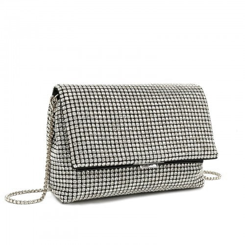 CLS2625 - Rhinestone Clutch Bag, Detachable Metal Chain Evening Bag, Synthetic Diamond Crossbody Shoulder Handbag for Wedding Party Prom - Silver | Neil's Luggage Store