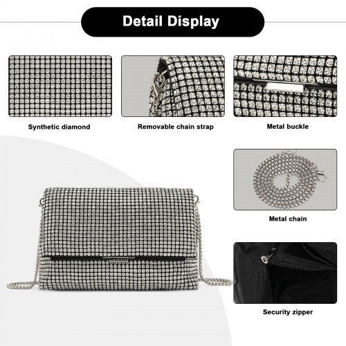 CLS2625 - Rhinestone Clutch Bag, Detachable Metal Chain Evening Bag, Synthetic Diamond Crossbody Shoulder Handbag for Wedding Party Prom - Silver | Neil's Luggage Store