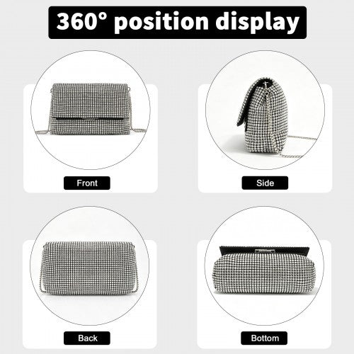 CLS2625 - Rhinestone Clutch Bag, Detachable Metal Chain Evening Bag, Synthetic Diamond Crossbody Shoulder Handbag for Wedding Party Prom - Silver | Neil's Luggage Store