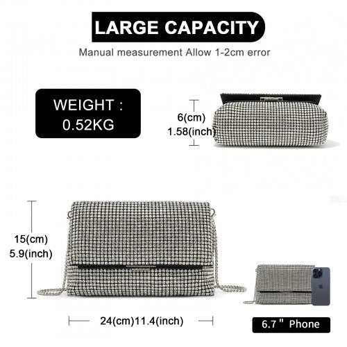 CLS2625 - Rhinestone Clutch Bag, Detachable Metal Chain Evening Bag, Synthetic Diamond Crossbody Shoulder Handbag for Wedding Party Prom - Silver | Neil's Luggage Store
