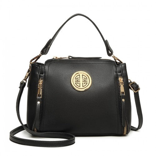 E1851 - Miss Lulu Leather Look Dual Zipped Handbag - Black | Neil's Luggage Store