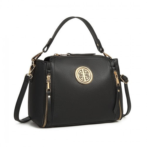 E1851 - Miss Lulu Leather Look Dual Zipped Handbag - Black | Neil's Luggage Store