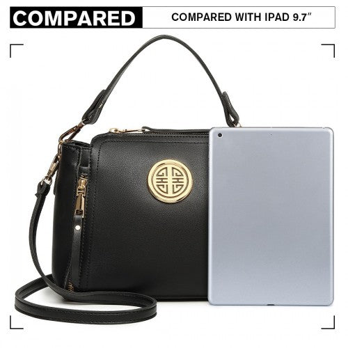 E1851 - Miss Lulu Leather Look Dual Zipped Handbag - Black | Neil's Luggage Store