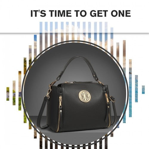 E1851 - Miss Lulu Leather Look Dual Zipped Handbag - Black | Neil's Luggage Store