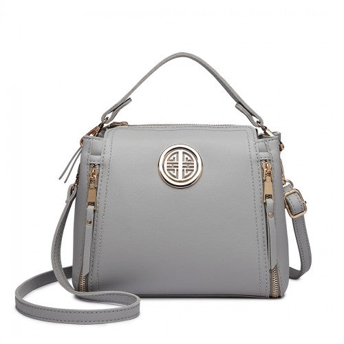 E1851 - Miss Lulu Leather Look Dual Zipped Handbag - Grey | Neil's Luggage Store