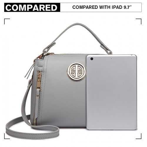 E1851 - Miss Lulu Leather Look Dual Zipped Handbag - Grey | Neil's Luggage Store