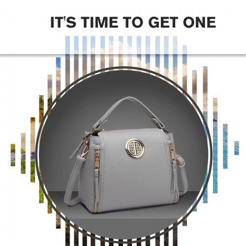 E1851 - Miss Lulu Leather Look Dual Zipped Handbag - Grey | Neil's Luggage Store