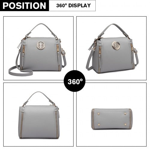E1851 - Miss Lulu Leather Look Dual Zipped Handbag - Grey | Neil's Luggage Store
