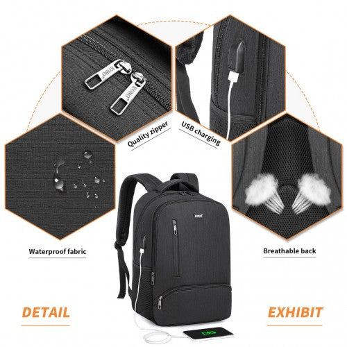 E1978 - Kono Multi Compartment Backpack with USB Connectivity - Black | Neil's Luggage Store