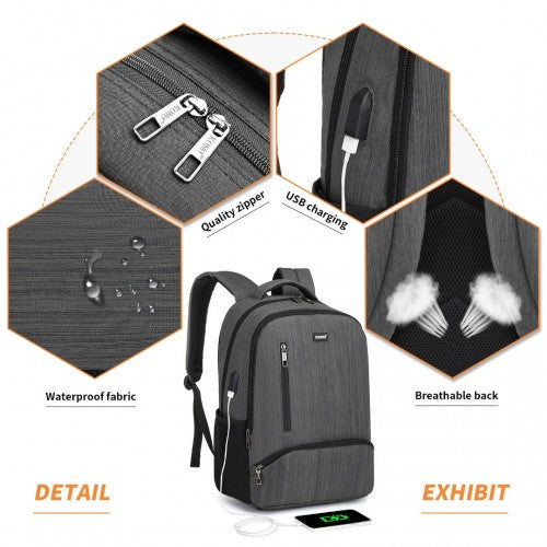 E1978 - Kono Multi Compartment Backpack with USB Connectivity - Grey | Neil's Luggage Store