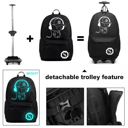 Kono Multi-Functional Glow-in-the-Dark Trolley Backpack - Black
