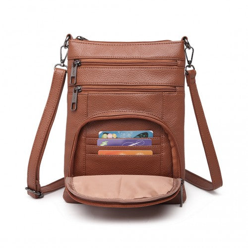 LB6927 - Miss Lulu Multi Pocket Leather Look RFID-Blocking Cross Body Bag - Brown | Neil's Luggage Store