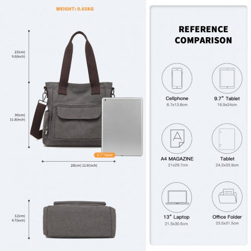EB2125 - Kono Large Capacity Multi Compartment Canvas Crossbody Tote Bag - Grey | Neil's Luggage Store