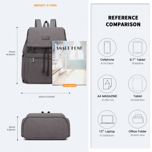 EB2233 - Kono Canvas Clamshell Drawstring School Backpack - Grey | Neil's Luggage Store