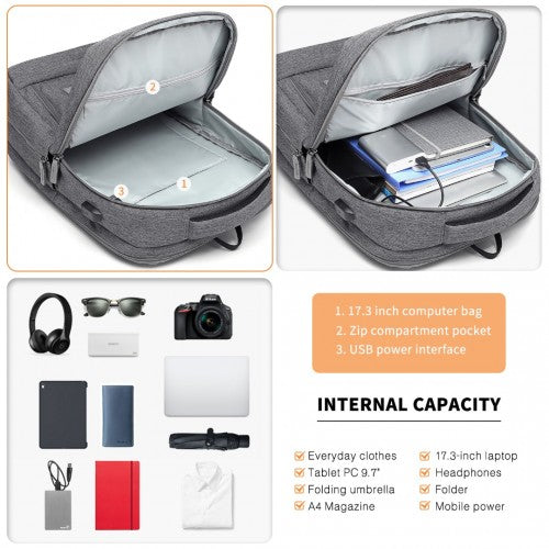 EM2111 - Kono Multi-Compartment Backpack with USB Port - Grey | Neil's Luggage Store