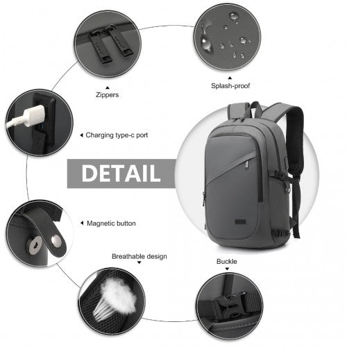 EM2349 - Kono PVC Coated Water-Resistant Tech Backpack With USB Charging Port - Grey | Neil's Luggage Store