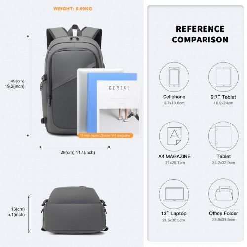 EM2349 - Kono PVC Coated Water-Resistant Tech Backpack With USB Charging Port - Grey | Neil's Luggage Store