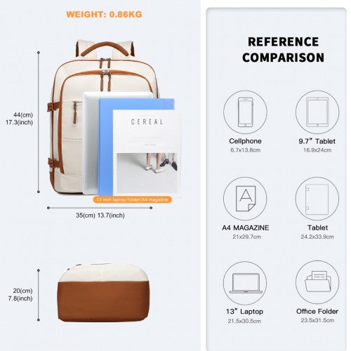 Kono Premium Carry-On Travel Backpack with Suitcase-Style Opening & Multi-Level Storage - Beige & Brown