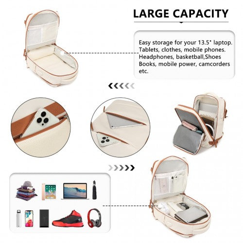 EQ2344 - Kono Multi-Functional Breathable Travel Backpack With USB Charging Port And Separate Shoe Compartment - Beige And Brown | Neil's Luggage Store