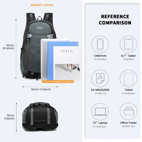 Kono Multi-Functional Outdoor Hiking Backpack with Rain Cover - Grey