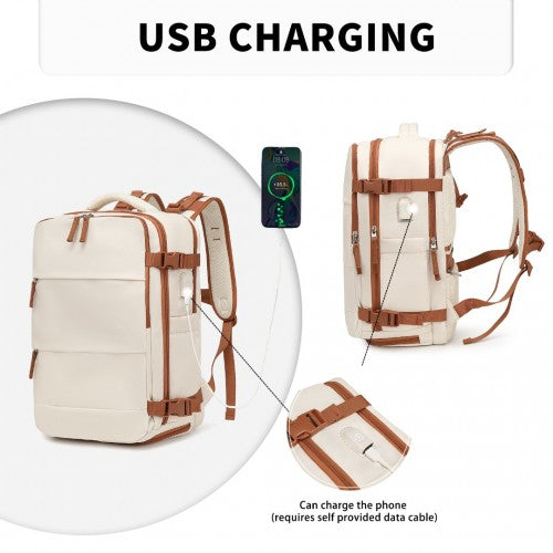 EQ2344 - Kono Multi-Functional Breathable Travel Backpack With USB Charging Port And Separate Shoe Compartment - Beige And Brown | Neil's Luggage Store