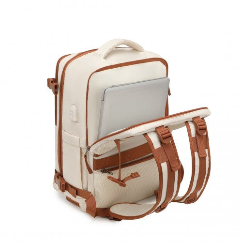 EQ2344 - Kono Multi-Functional Breathable Travel Backpack With USB Charging Port And Separate Shoe Compartment - Beige And Brown | Neil's Luggage Store