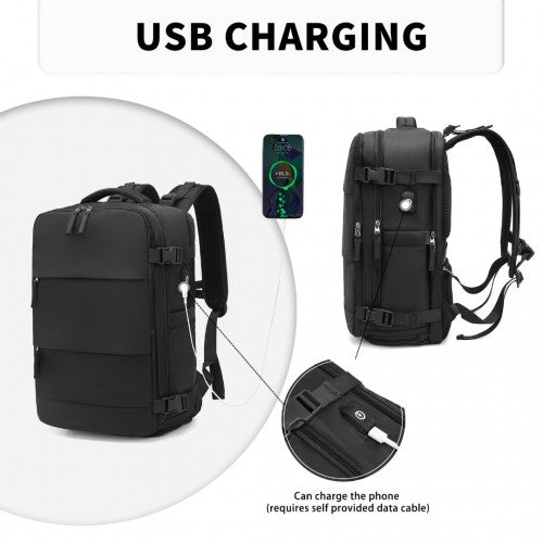 Kono Breathable Travel Backpack with USB Port & Shoe Compartment - Black