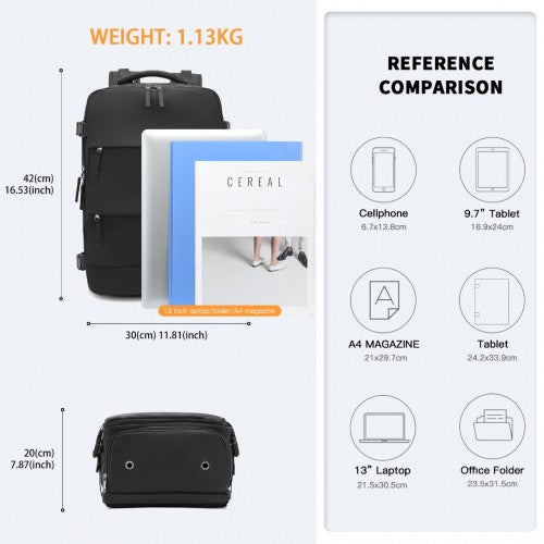 Kono Breathable Travel Backpack with USB Port & Shoe Compartment - Black