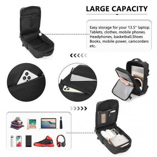 Kono Breathable Travel Backpack with USB Port & Shoe Compartment - Black