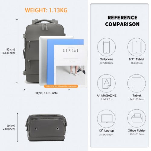 EQ2344 - Kono Multi-Functional Breathable Travel Backpack With USB Charging Port And Separate Shoe Compartment - Grey | Neil's Luggage Store