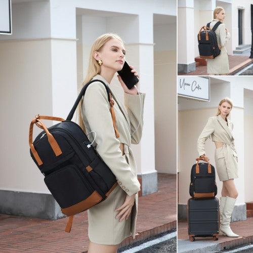 EQ2401 - Kono Multi-Compartment Laptop Backpack with Type-C USB Charging Port and Small Pouch for Daily Commute and Travel - Black And Brown | Neil's Luggage Store