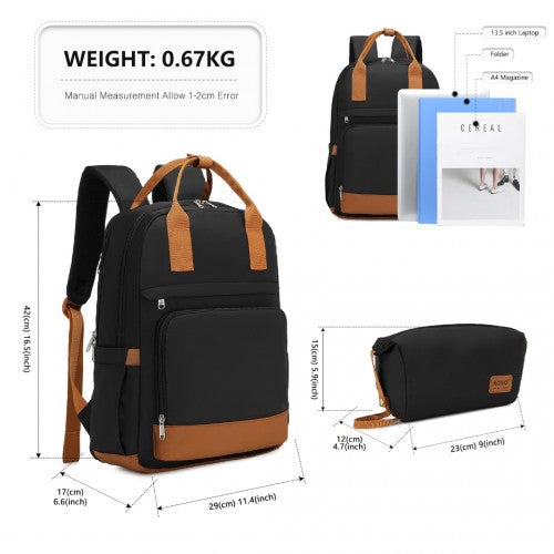 EQ2401 - Kono Multi-Compartment Laptop Backpack with Type-C USB Charging Port and Small Pouch for Daily Commute and Travel - Black And Brown | Neil's Luggage Store