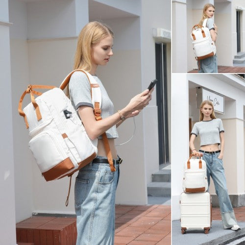 EQ2401 - Kono Multi-Compartment Laptop Backpack with Type-C USB Charging Port and Small Pouch for Daily Commute and Travel - Cream And Brown | Neil's Luggage Store