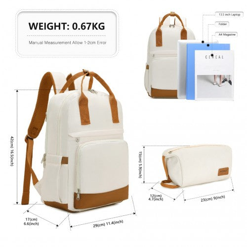 EQ2401 - Kono Multi-Compartment Laptop Backpack with Type-C USB Charging Port and Small Pouch for Daily Commute and Travel - Cream And Brown | Neil's Luggage Store