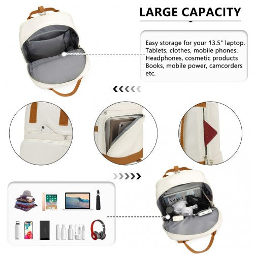 EQ2401 - Kono Multi-Compartment Laptop Backpack with Type-C USB Charging Port and Small Pouch for Daily Commute and Travel - Cream And Brown | Neil's Luggage Store