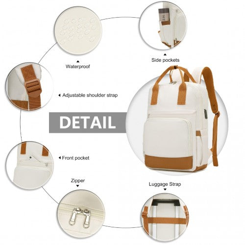 EQ2401 - Kono Multi-Compartment Laptop Backpack with Type-C USB Charging Port and Small Pouch for Daily Commute and Travel - Cream And Brown | Neil's Luggage Store
