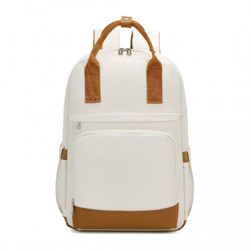 EQ2401 - Kono Multi-Compartment Laptop Backpack with Type-C USB Charging Port and Small Pouch for Daily Commute and Travel - Cream And Brown | Neil's Luggage Store